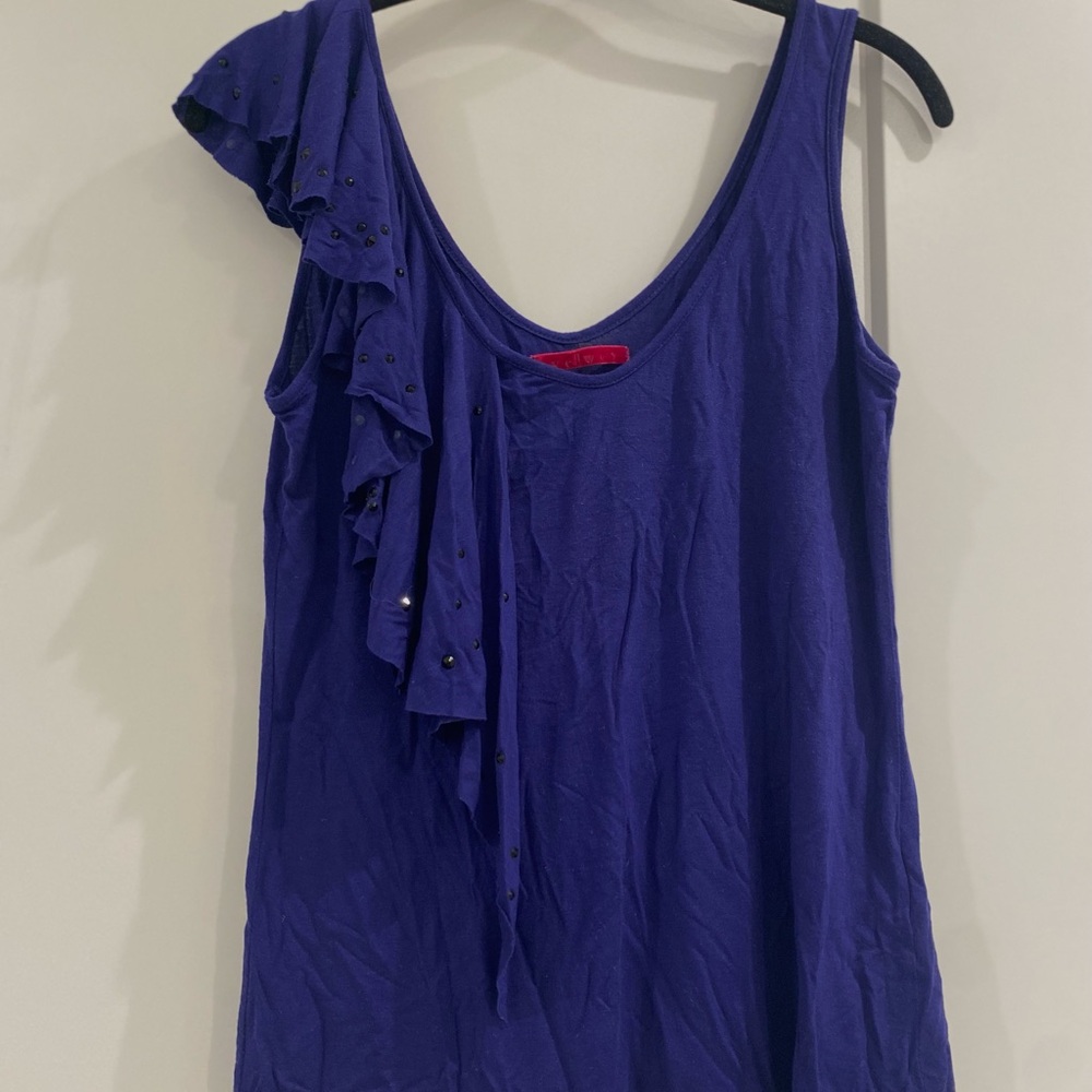 Velvet Indigo Purple Sleeveless Asymmetric Ruffle Top With Black Crystals NWOT